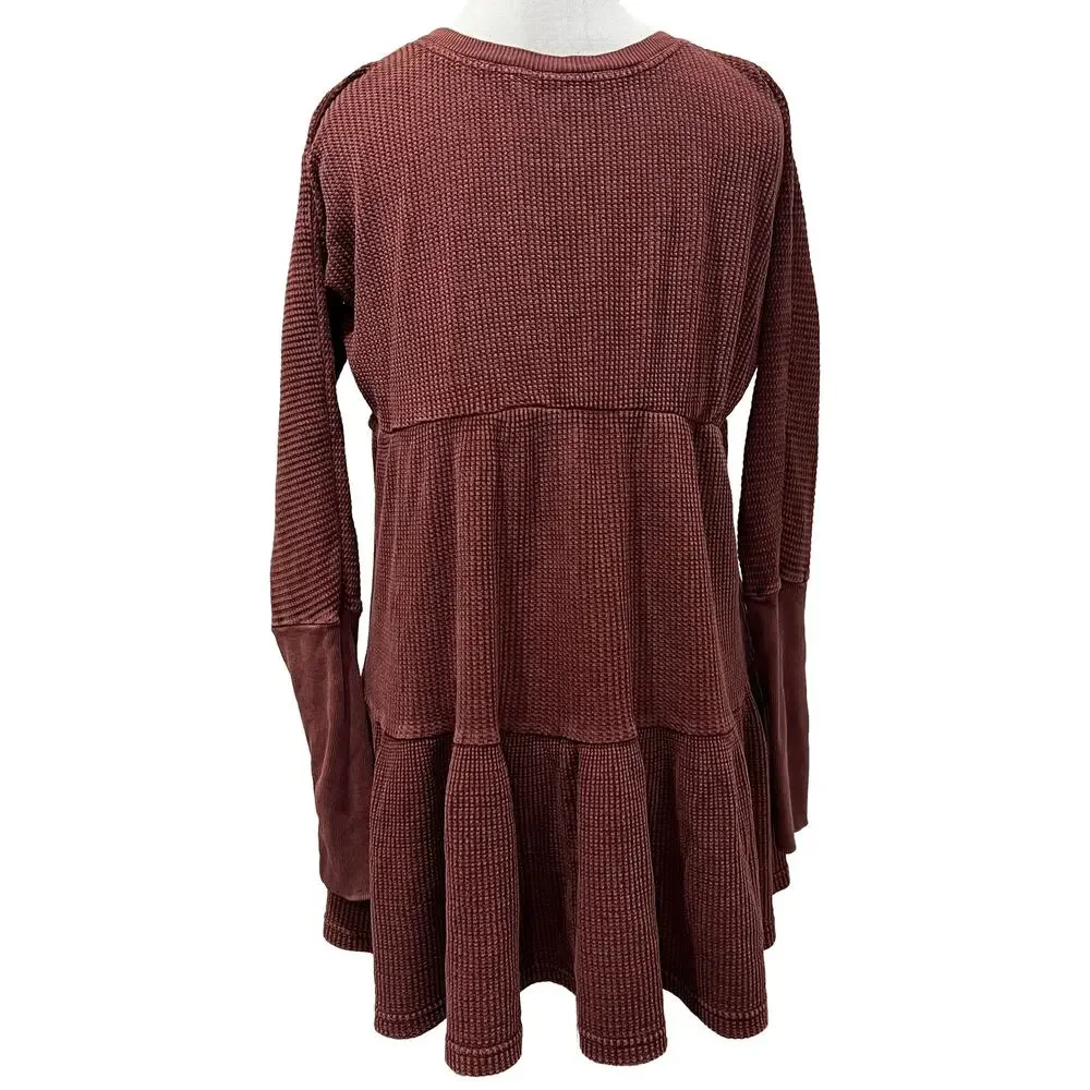 Free People FP ONE Jolene Waffle Knit Thermal Henley Tiered Mini Dress Wine S